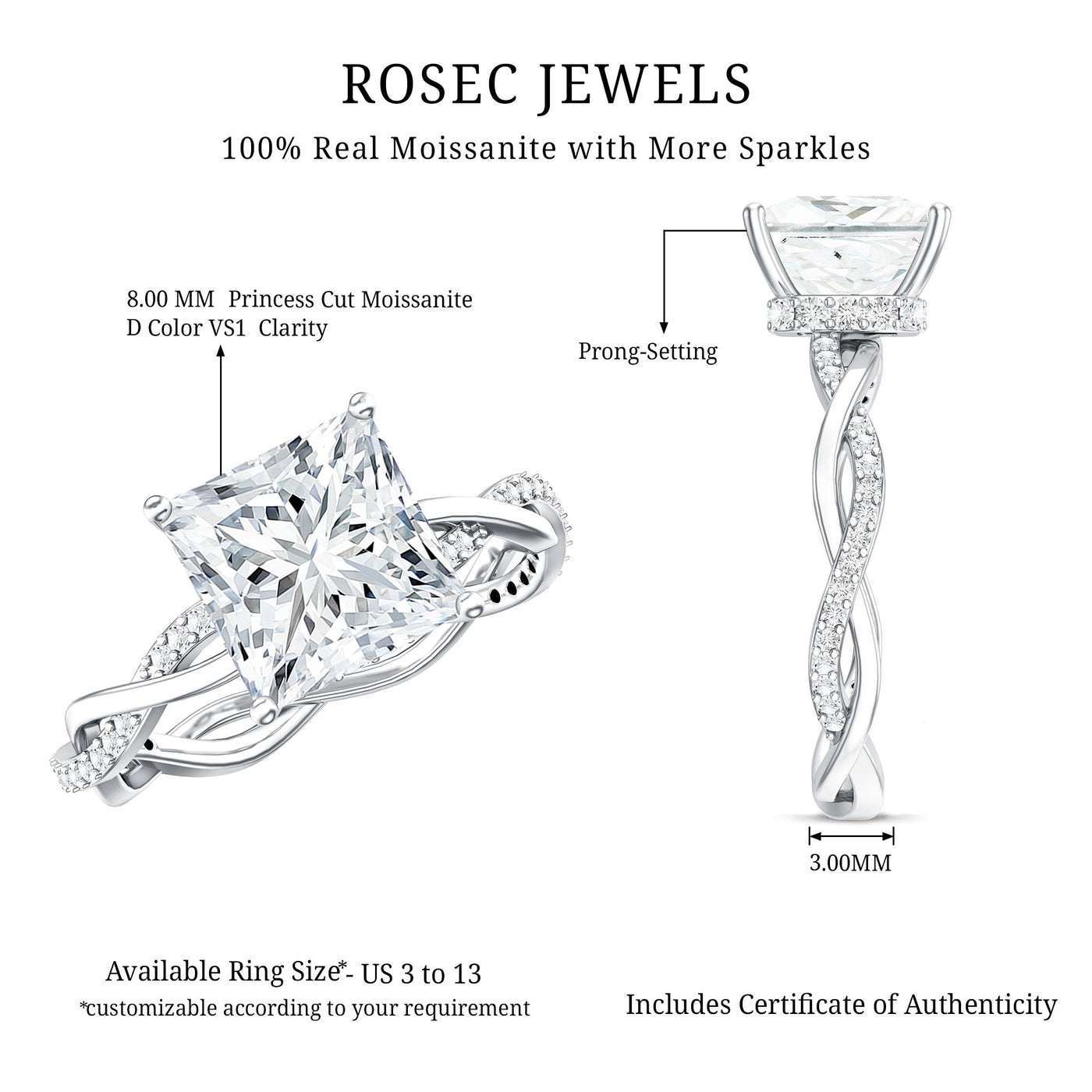 Certified 3 Carat Moissanite Princess Cut Engagement Ring with Braided Shank Rosec Jewels