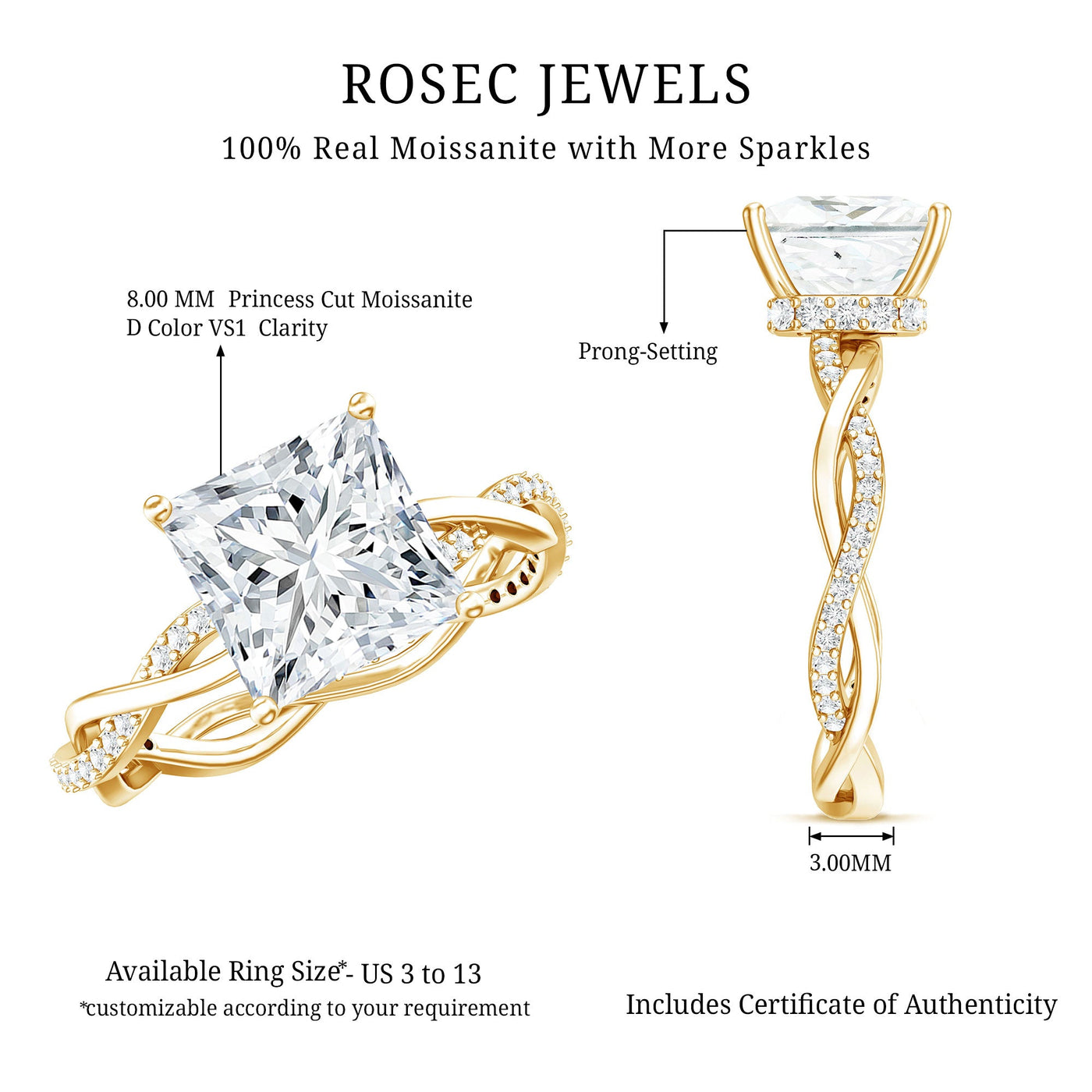Certified 3 Carat Moissanite Princess Cut Engagement Ring with Braided Shank Rosec Jewels