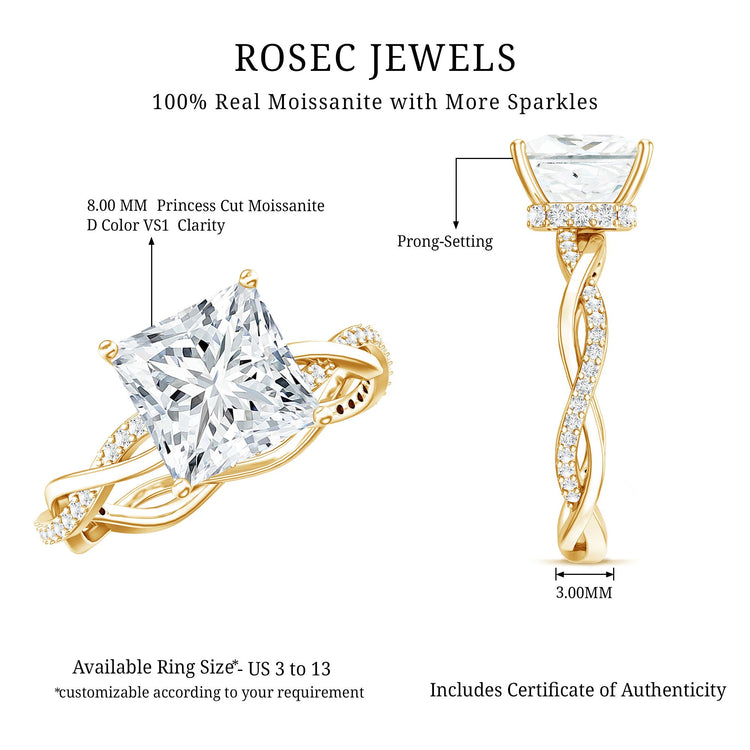 Certified 3 Carat Moissanite Princess Cut Engagement Ring with Braided Shank Rosec Jewels