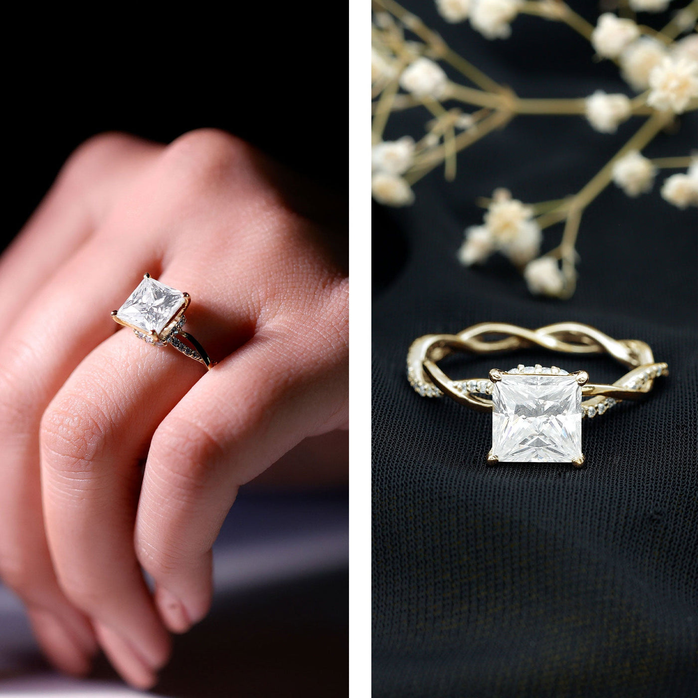 Certified 3 Carat Moissanite Princess Cut Engagement Ring with Braided Shank Rosec Jewels