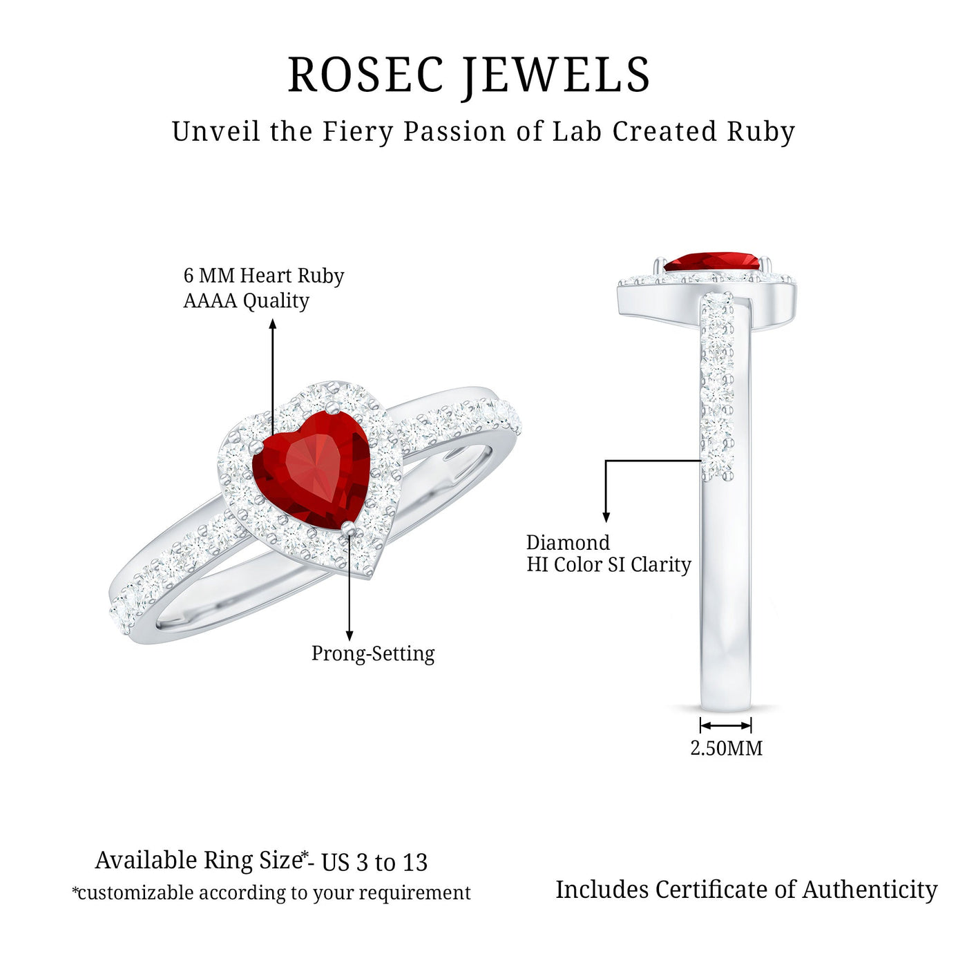 Lab Created Ruby Heart Promise Ring with Diamond Halo Rosec Jewels