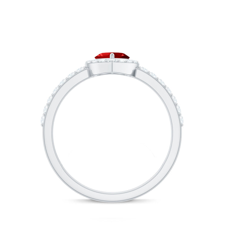 Lab Created Ruby Heart Promise Ring with Diamond Halo Rosec Jewels