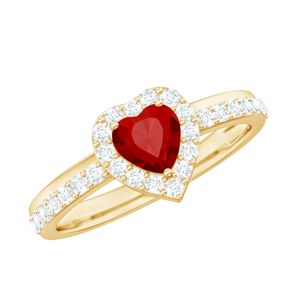 Lab Created Ruby Heart Promise Ring with Diamond Halo Rosec Jewels