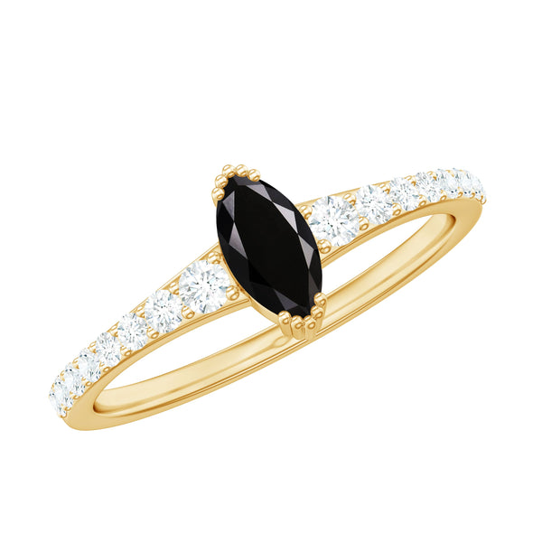 Genuine Marquise Black Spinel Promise Ring with Diamond Rosec Jewels