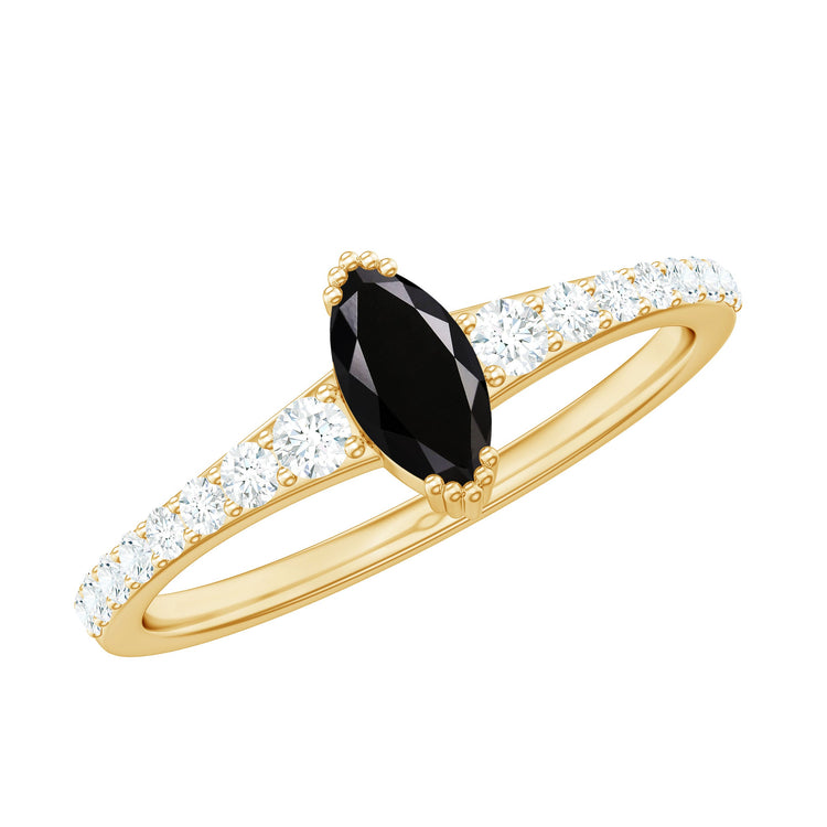 Genuine Marquise Black Spinel Promise Ring with Diamond Rosec Jewels