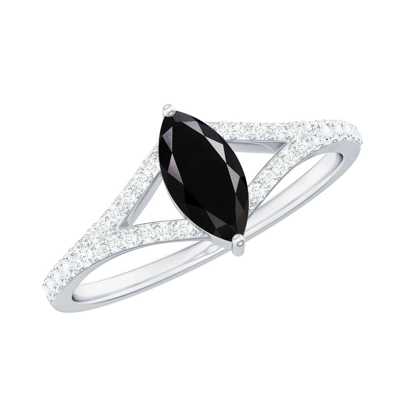 Minimal Black Spinel Marquise Engagement Ring with Diamond Split Shank Rosec Jewels