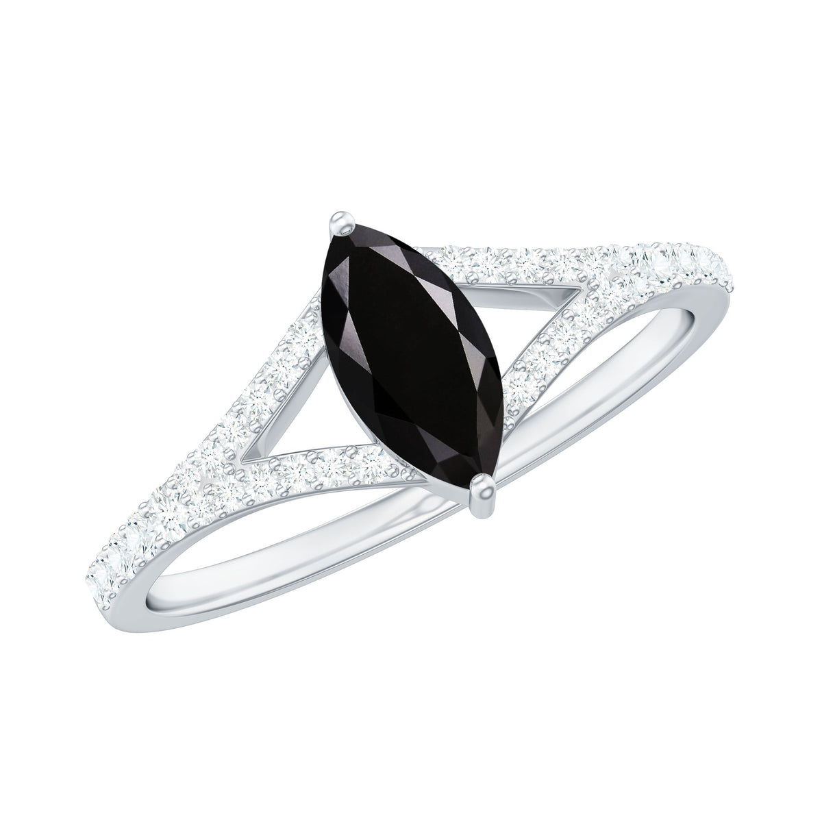 Minimal Black Spinel Marquise Engagement Ring with Diamond Split Shank Rosec Jewels