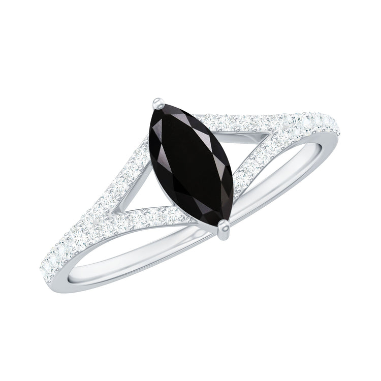 Minimal Black Spinel Marquise Engagement Ring with Diamond Split Shank Rosec Jewels