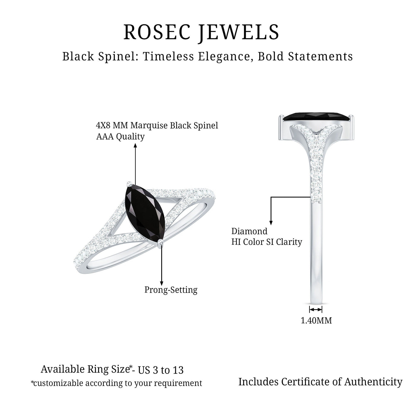 Minimal Black Spinel Marquise Engagement Ring with Diamond Split Shank Rosec Jewels