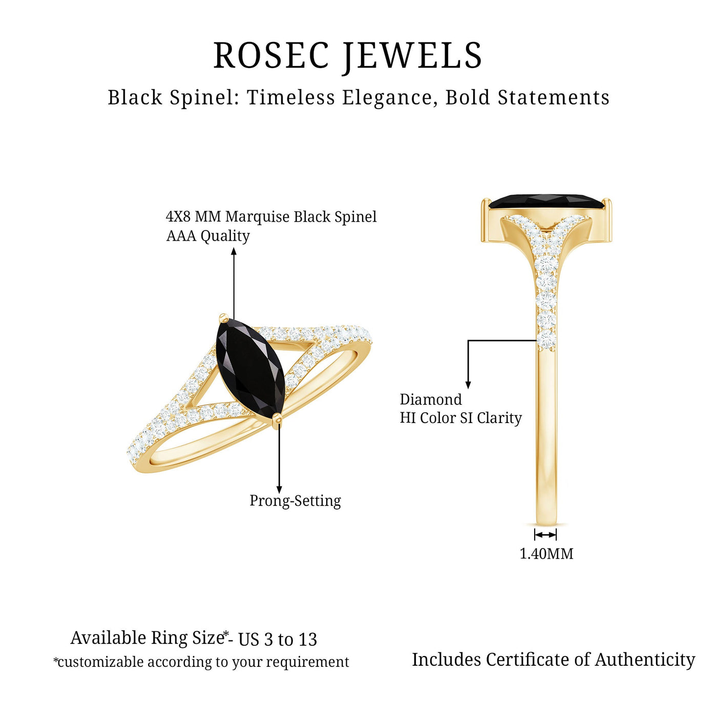 Minimal Black Spinel Marquise Engagement Ring with Diamond Split Shank Rosec Jewels