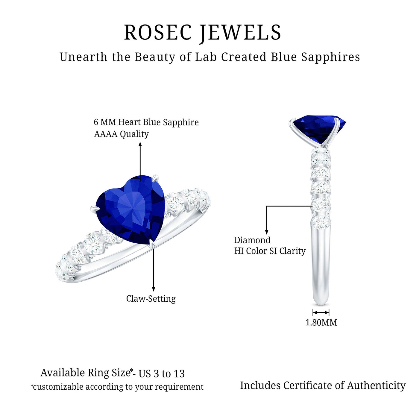 Certified 0.9 Carat Lab Created Blue Sapphire Heart Engagement Ring with Diamond Rosec Jewels