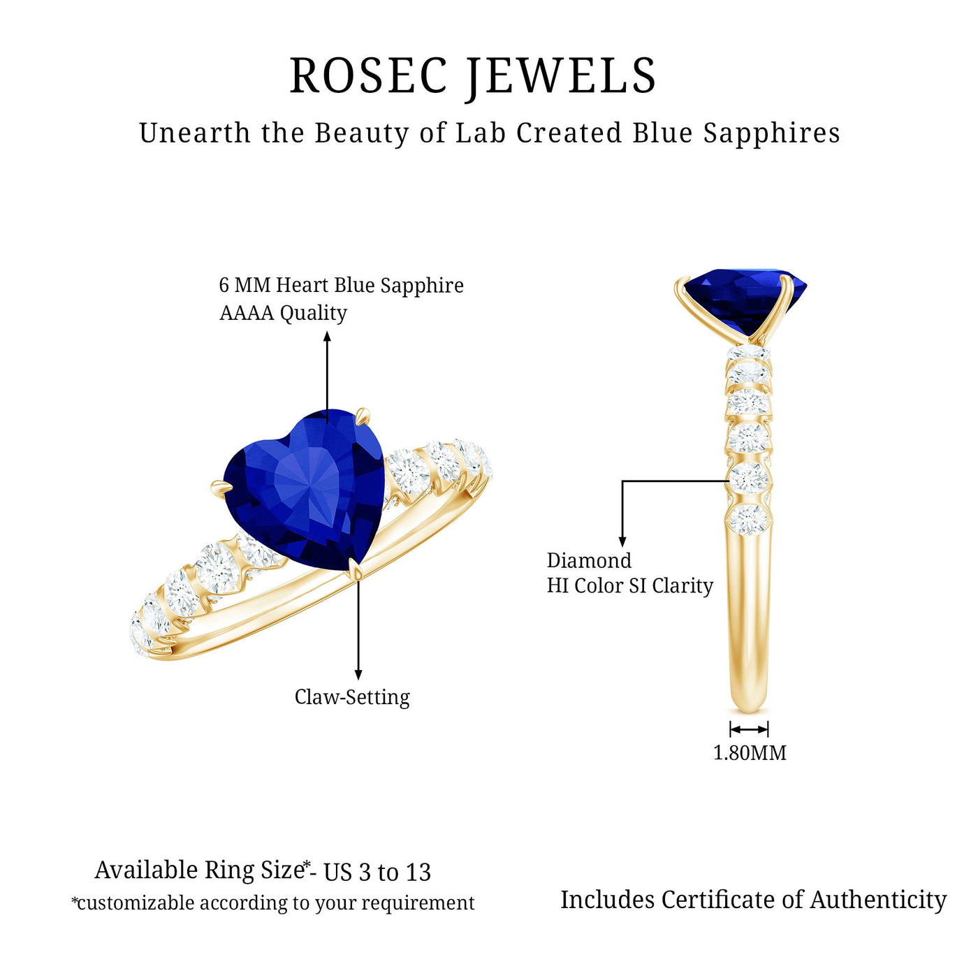 Certified 0.9 Carat Lab Created Blue Sapphire Heart Engagement Ring with Diamond Rosec Jewels