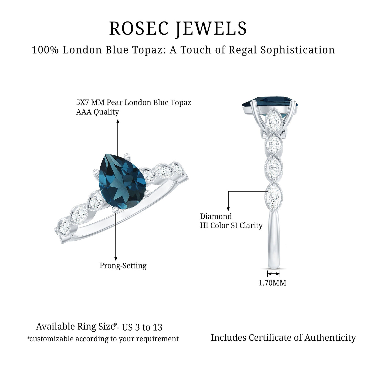 Pear Shaped London Blue Topaz and Diamond Engagement Ring For Women Rosec Jewels
