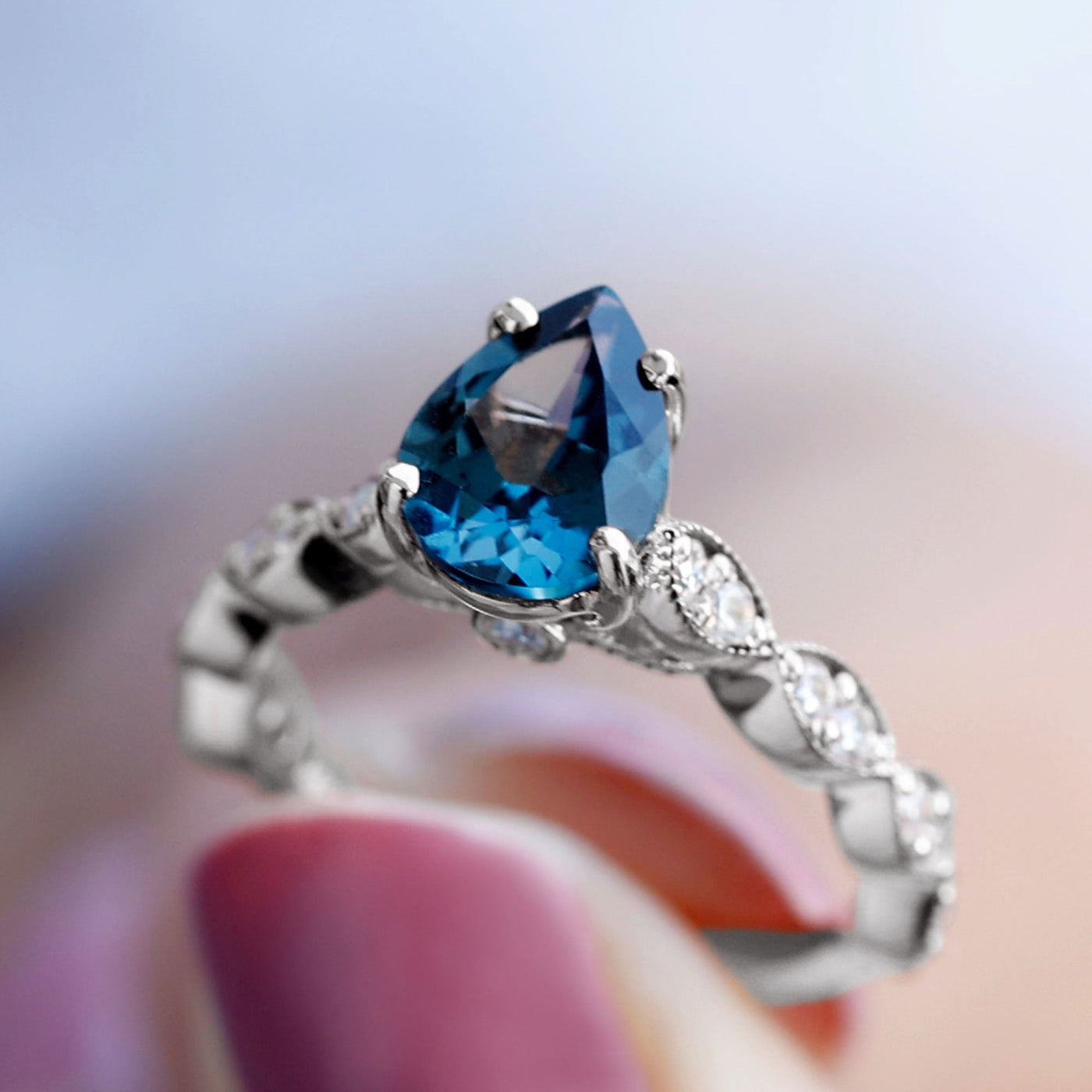 Pear Shaped London Blue Topaz and Diamond Engagement Ring For Women Rosec Jewels