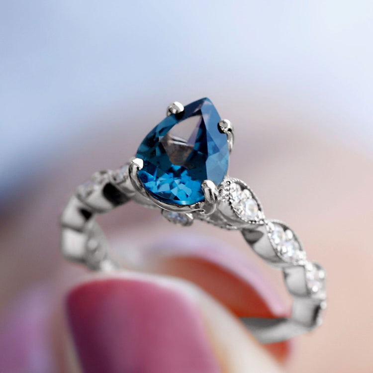 Pear Shaped London Blue Topaz and Diamond Engagement Ring For Women Rosec Jewels