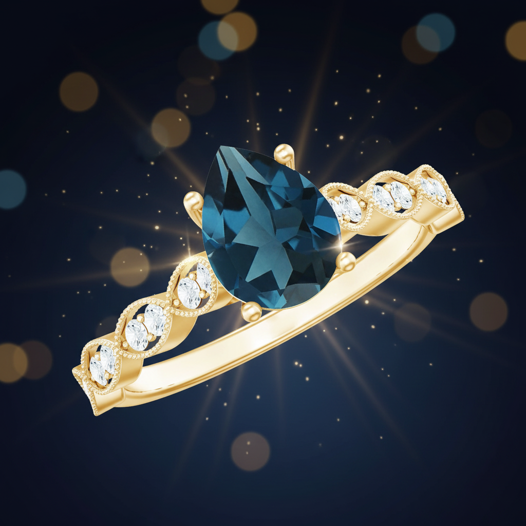 Pear Shaped London Blue Topaz and Diamond Engagement Ring For Women Rosec Jewels