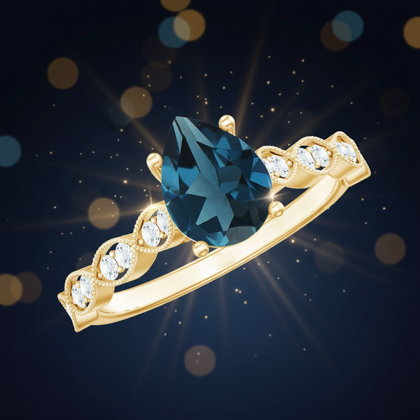 Pear Shaped London Blue Topaz and Diamond Engagement Ring For Women Rosec Jewels