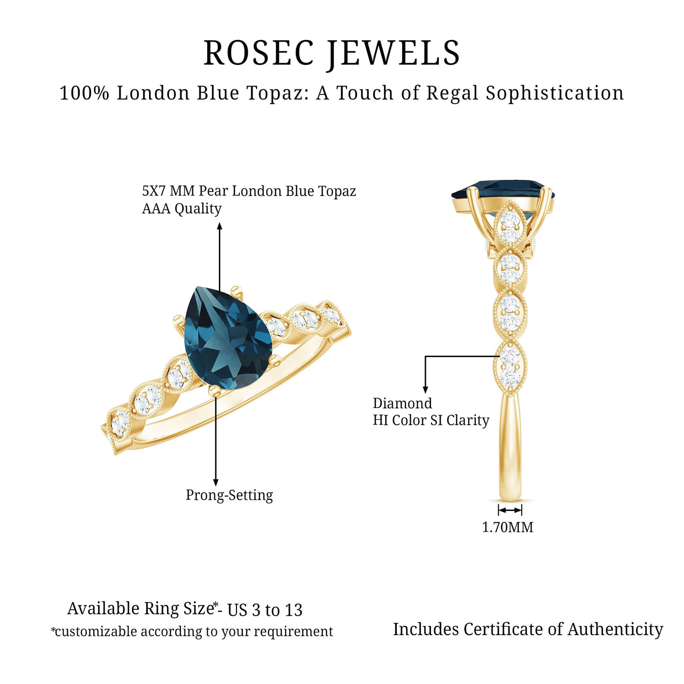 Pear Shaped London Blue Topaz and Diamond Engagement Ring For Women Rosec Jewels