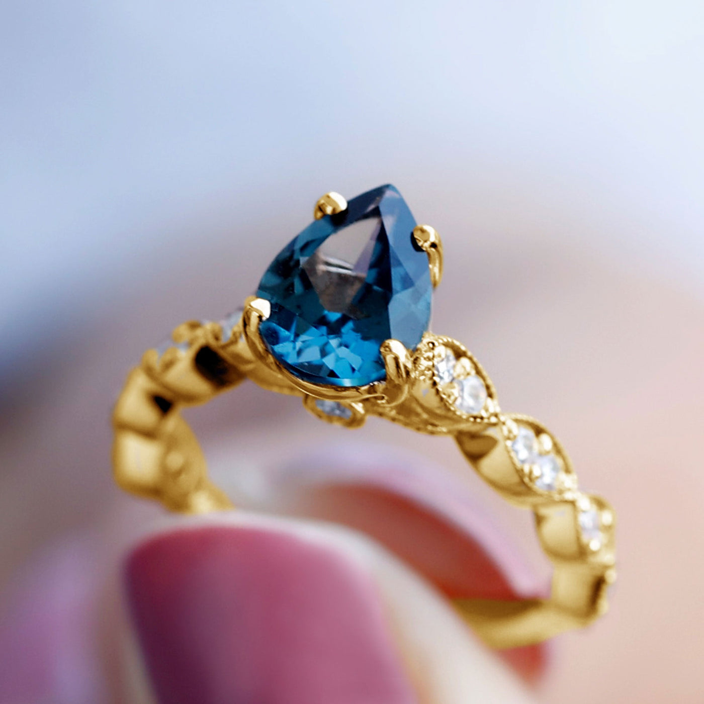 Pear Shaped London Blue Topaz and Diamond Engagement Ring For Women Rosec Jewels