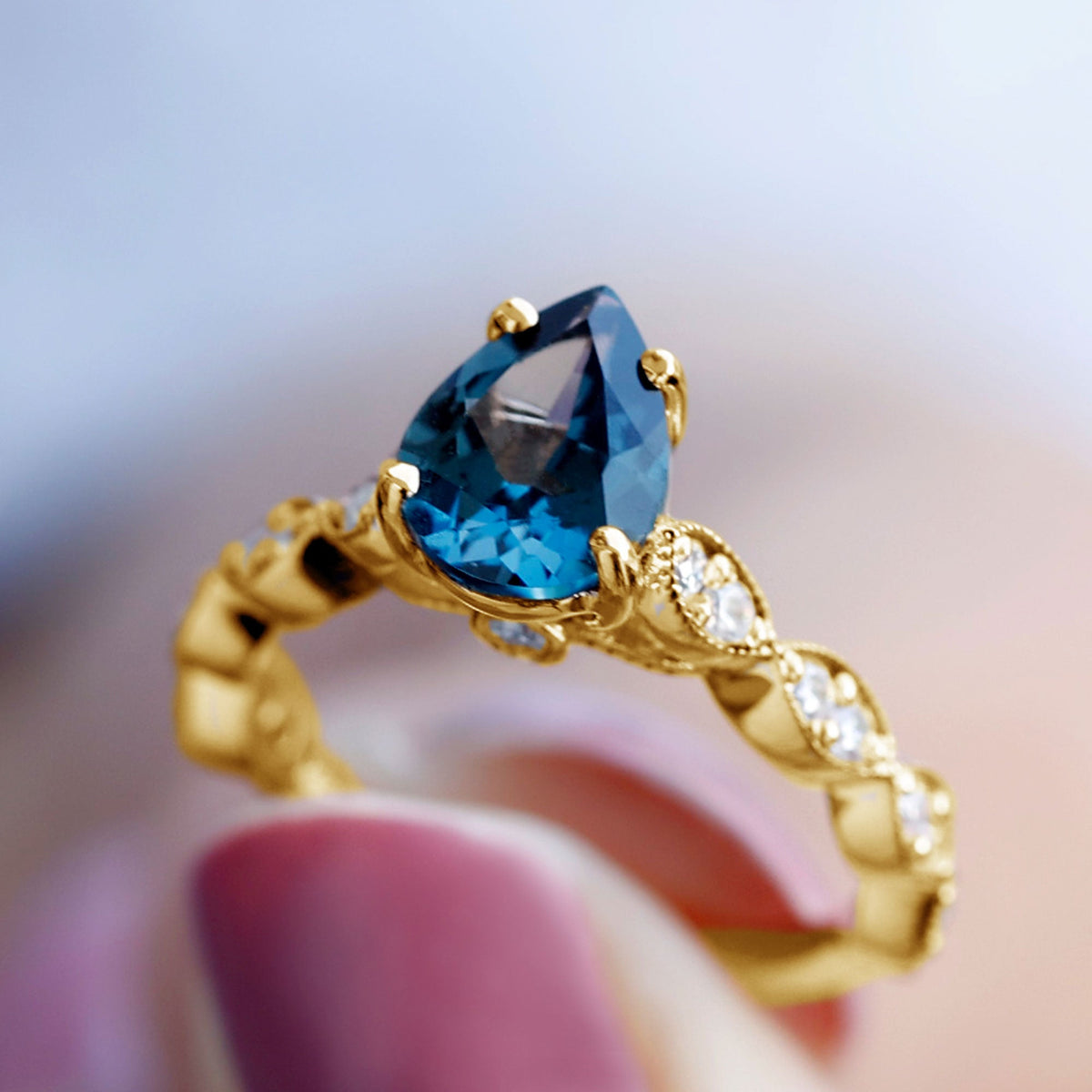 Pear Shaped London Blue Topaz and Diamond Engagement Ring For Women Rosec Jewels