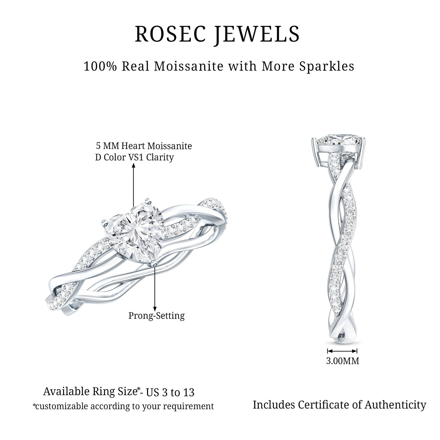 Heart Shape Moissanite Solitaire Promise Ring Rosec Jewels