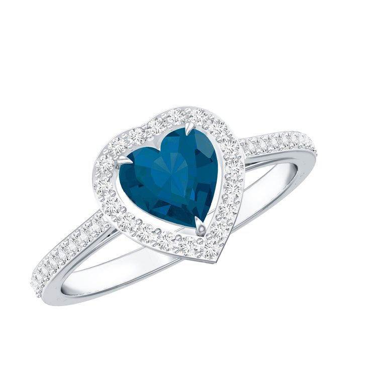 Heart Shaped London Blue Topaz Engagement Ring with Diamond Halo Rosec Jewels