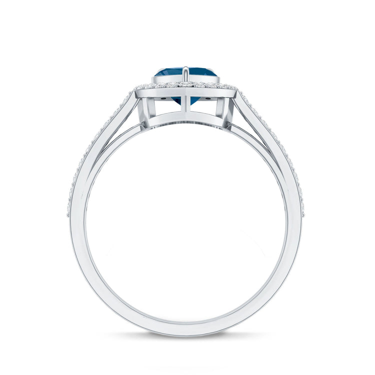 Heart Shaped London Blue Topaz Engagement Ring with Diamond Halo Rosec Jewels