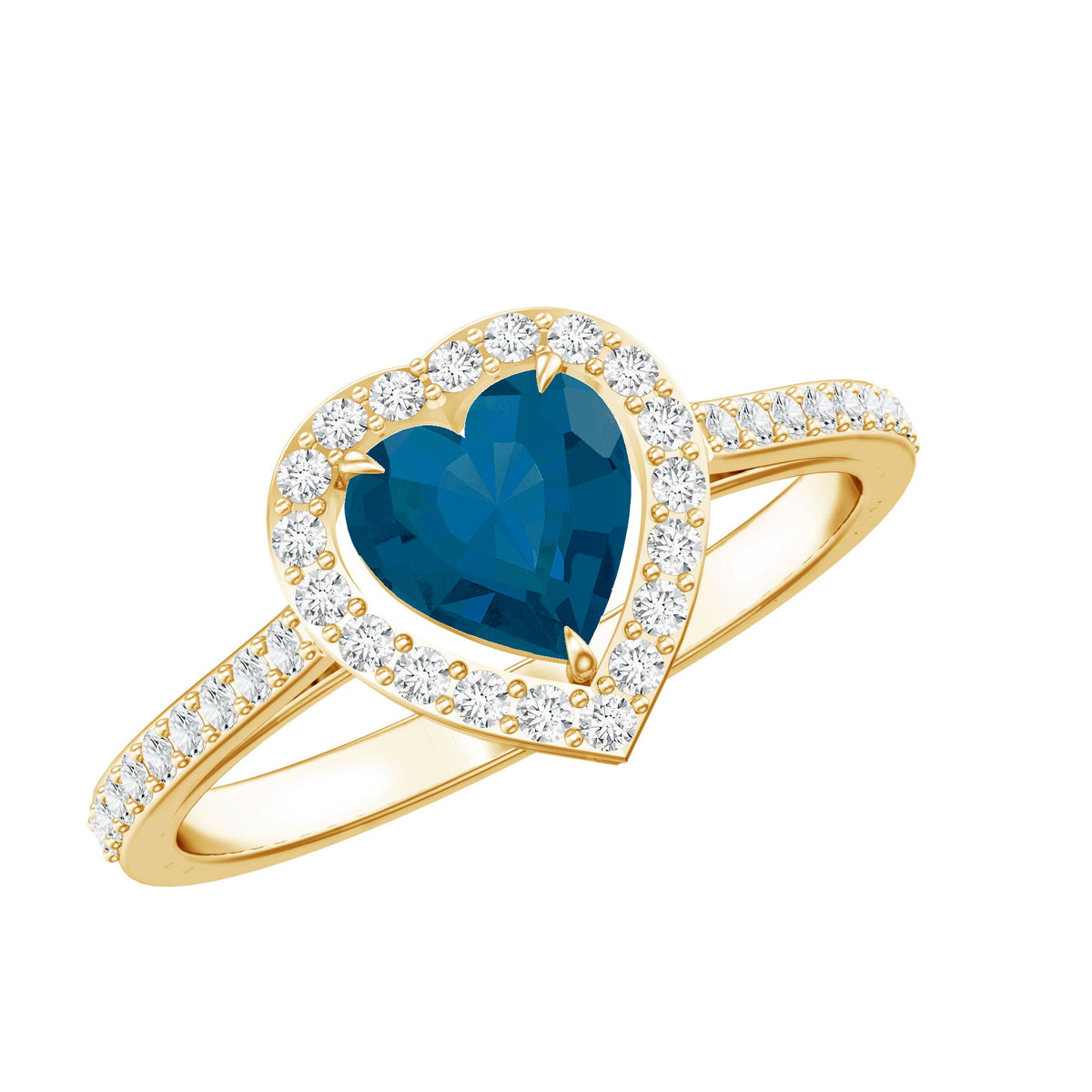Heart Shaped London Blue Topaz Engagement Ring with Diamond Halo Rosec Jewels
