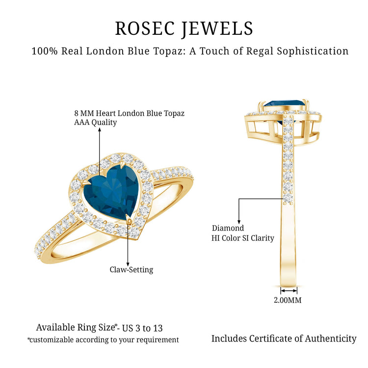 Heart Shaped London Blue Topaz Engagement Ring with Diamond Halo Rosec Jewels