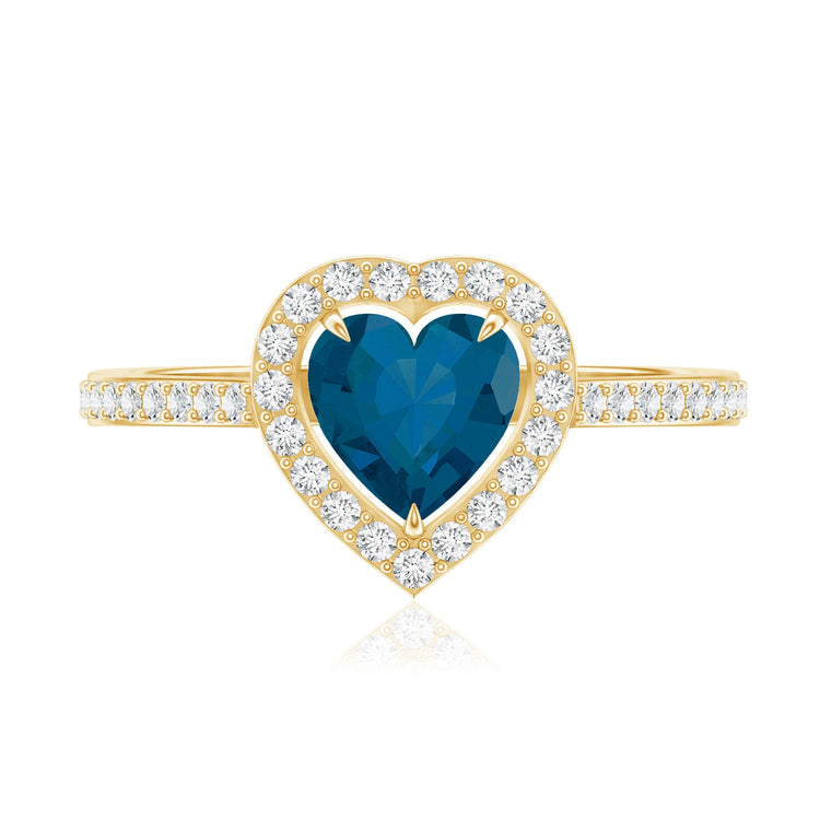 Heart Shaped London Blue Topaz Engagement Ring with Diamond Halo Rosec Jewels