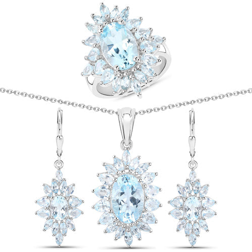 19.18 Carat Genuine Blue Topaz .925 Sterling Silver 3 Piece Jewelry Set (Ring, Earrings, and Pendant w/ Chain) Bids.com